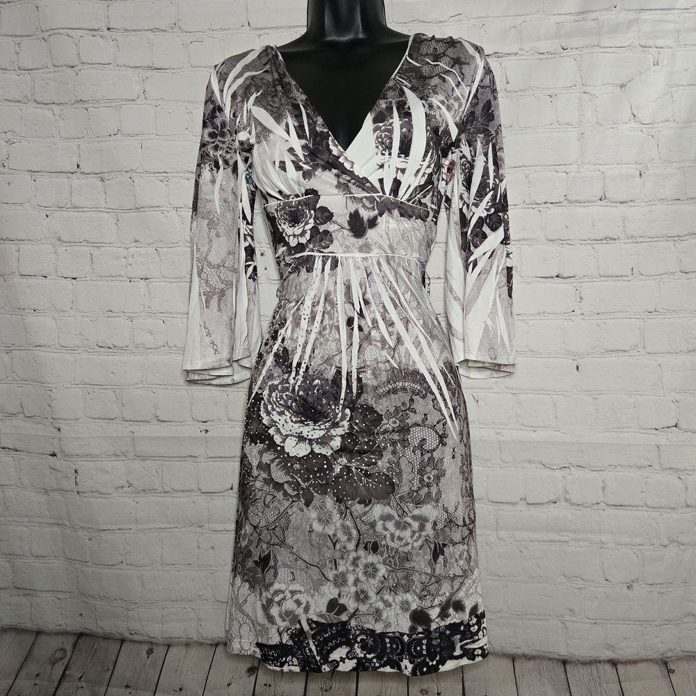Y2k V Neck Empire Waist Butterfly Split Slevve Metalic Silver Black Fairy Dress - Picture 2 of 13